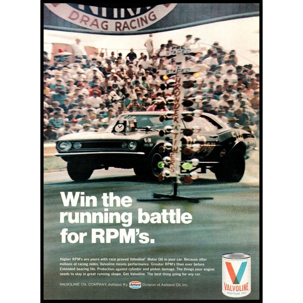 1971 Valvoline Motor Oil Vintage Print Ad NHRA Drag Racing Light Tree Wall Art